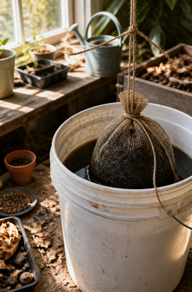 Burlap sack filled with compost tied over a bucket.