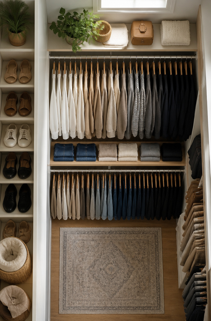 A closet with clothes organized into categories of tops and bottoms.