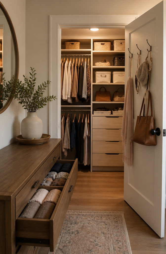 A closet featuring velvet hangers, bins, and organized accessories.