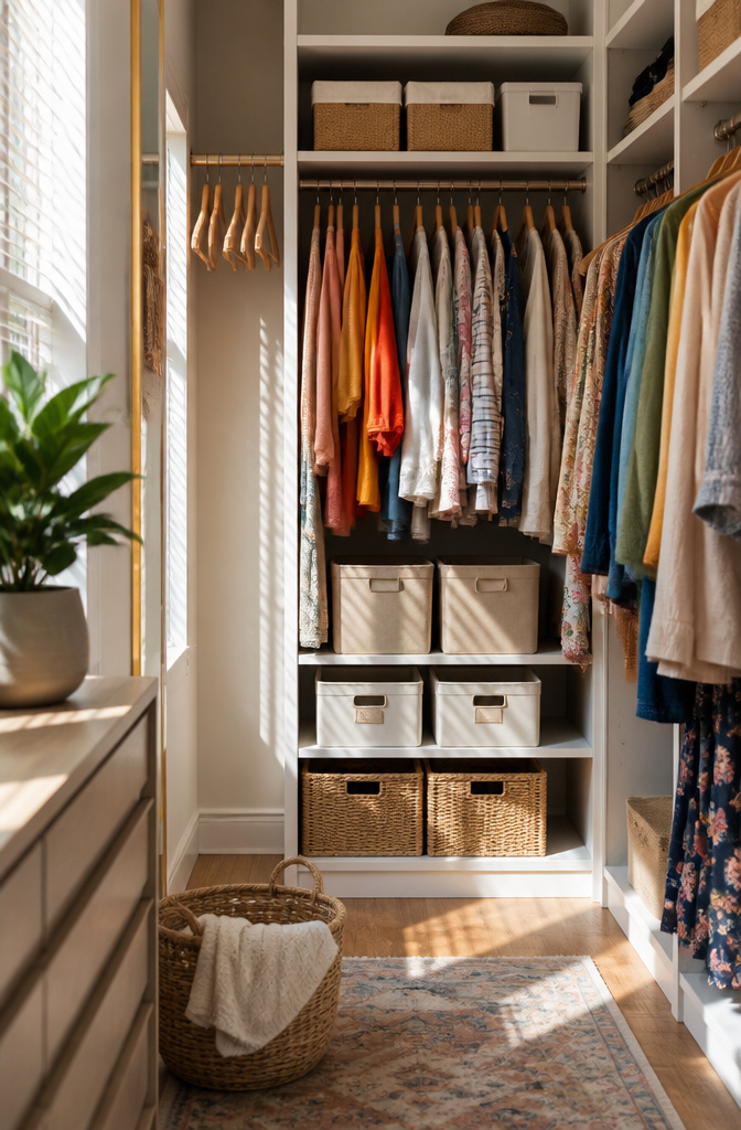 An organized closet with colorful clothes and neatly arranged storage.