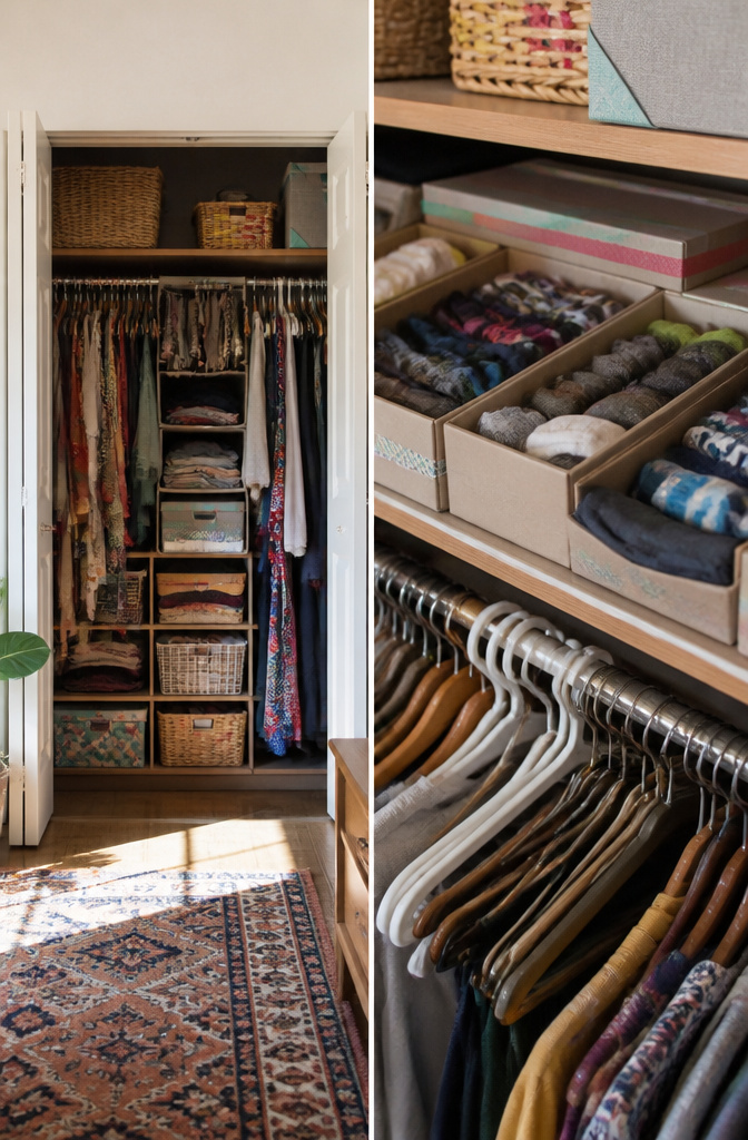 Stacked shoeboxes used as dividers for organizing clothing in a drawer.
