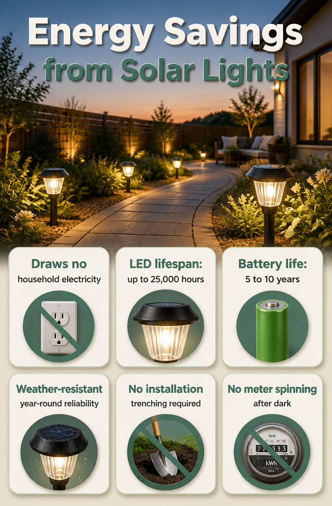 A solar panel collecting sunlight for outdoor lighting.