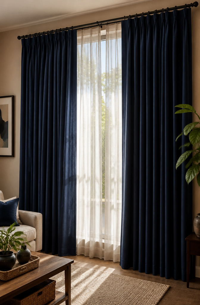 Large Window Curtains: Styles, Measuring, and Installation 2 Navy pinch pleat double curtain hanging from a wide, sunlit window.