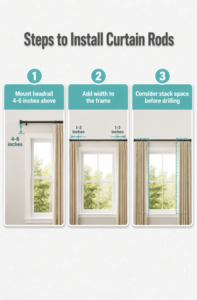 Large Window Curtains: Styles, Measuring, and Installation 11 Instructions for installing curtain rods above a window.