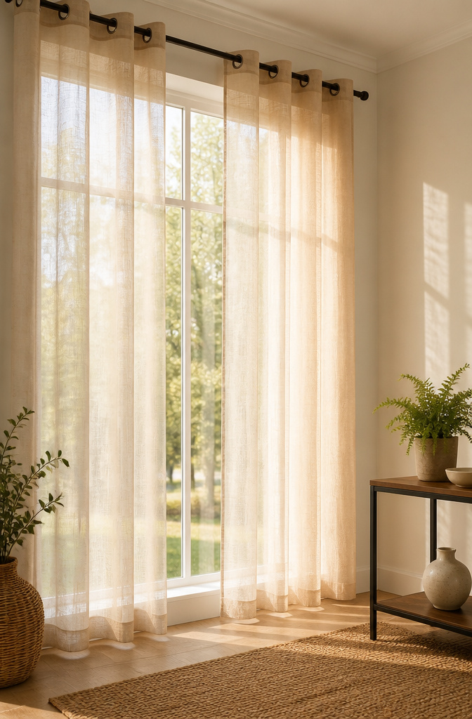 Large Window Curtains: Styles, Measuring, and Installation 3 Light linen grommet top curtain with bronze rings over a large window.