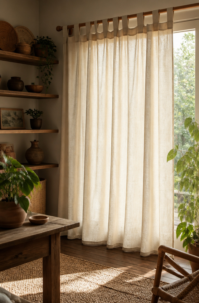 Large Window Curtains: Styles, Measuring, and Installation 6 Light ecru back tab curtain draping over a wooden rod in a cozy space.