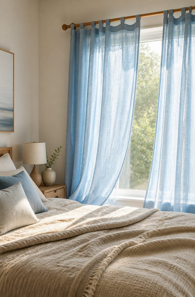 Large Window Curtains: Styles, Measuring, and Installation 7 Soft blue tab top curtain hanging from a polished wooden rod.