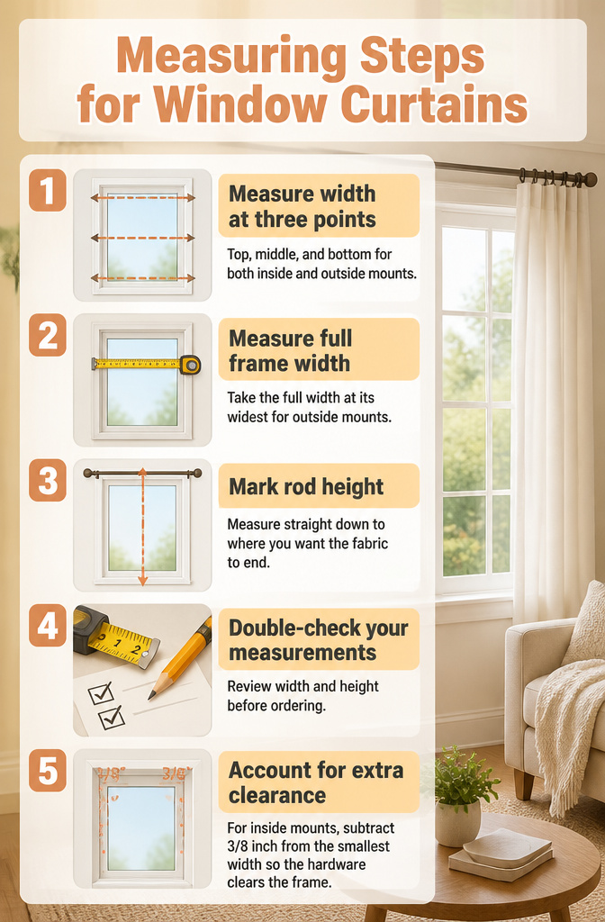 Large Window Curtains: Styles, Measuring, and Installation 8 Instructions for measuring window curtains displayed visually.