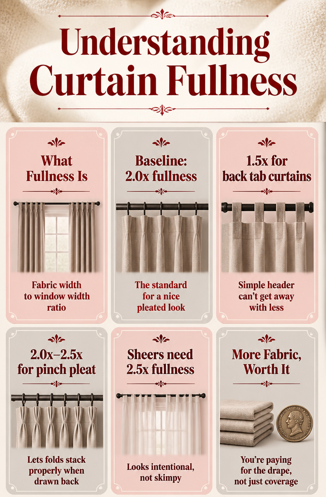 Large Window Curtains: Styles, Measuring, and Installation 9 Visual representation of curtain fullness ratios for large windows.