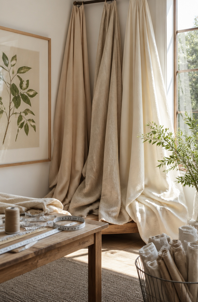 Large Window Curtains: Styles, Measuring, and Installation 10 Various canvas drop cloths draped in a sunlit living space.
