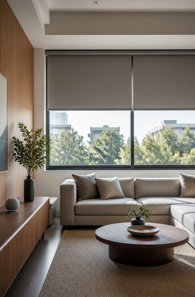 A modern living room with motorized blinds above a sofa.