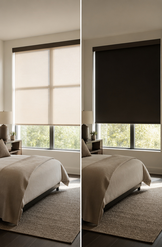 A window showcasing dual shades with two fabric layers.