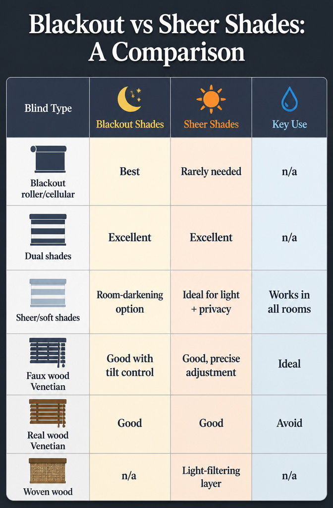 A comparison chart of blackout and sheer shades for different rooms.