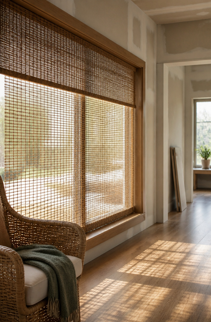 Close-up of woven wood shades in a bright, airy room.