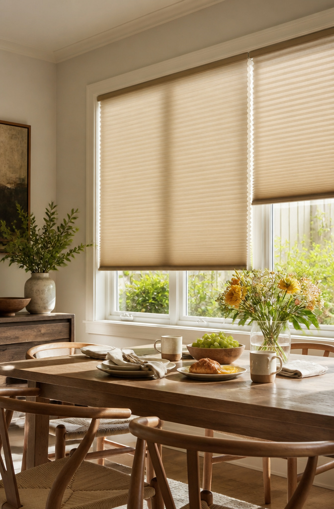 A dining room with honeycomb cellular shades over a large window.