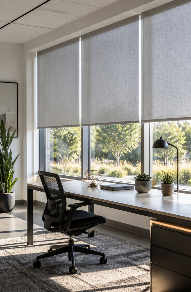 An office space with light-filtering roller shades covering windows.