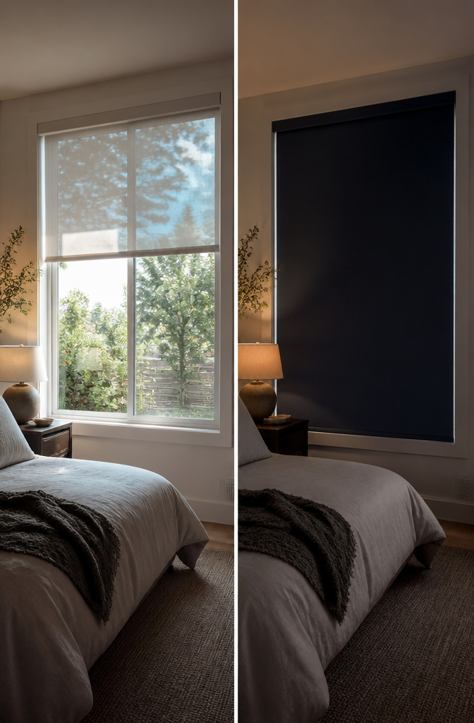 A window covered with blackout shades preventing light from entering.