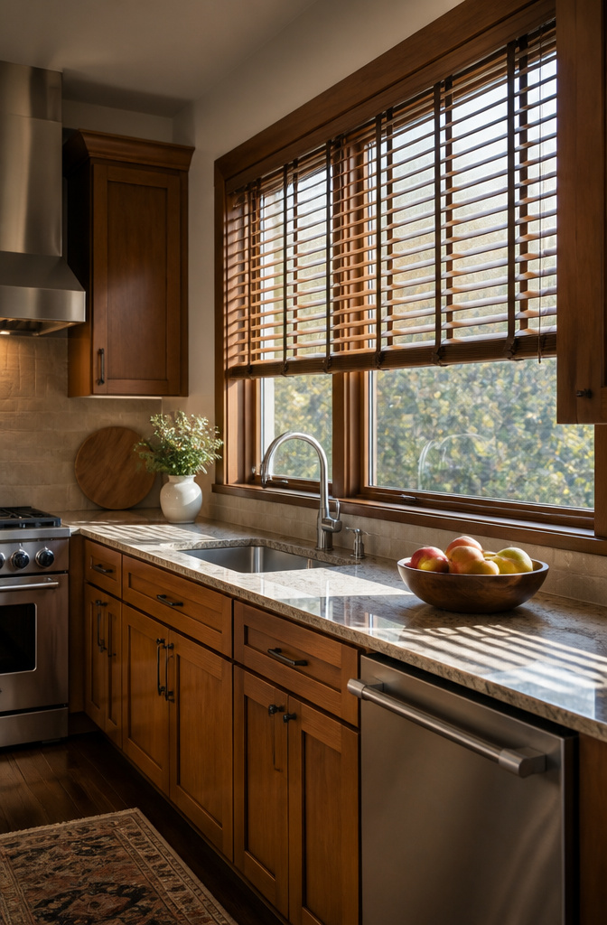 A kitchen with faux wood blinds over a window and colorful decor.