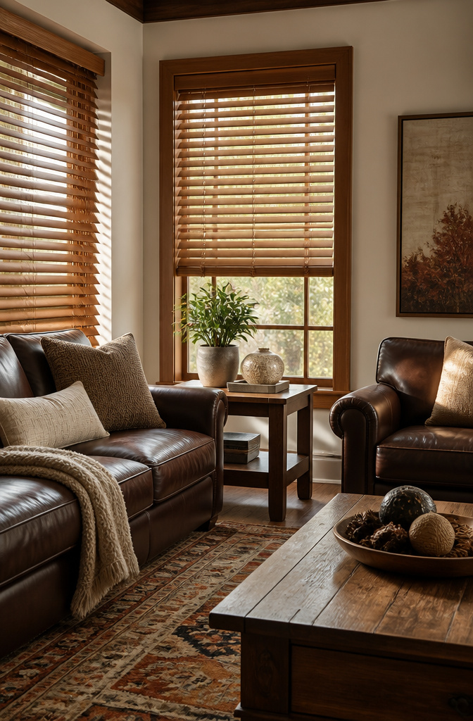 A living room featuring real wood blinds allowing soft light through.