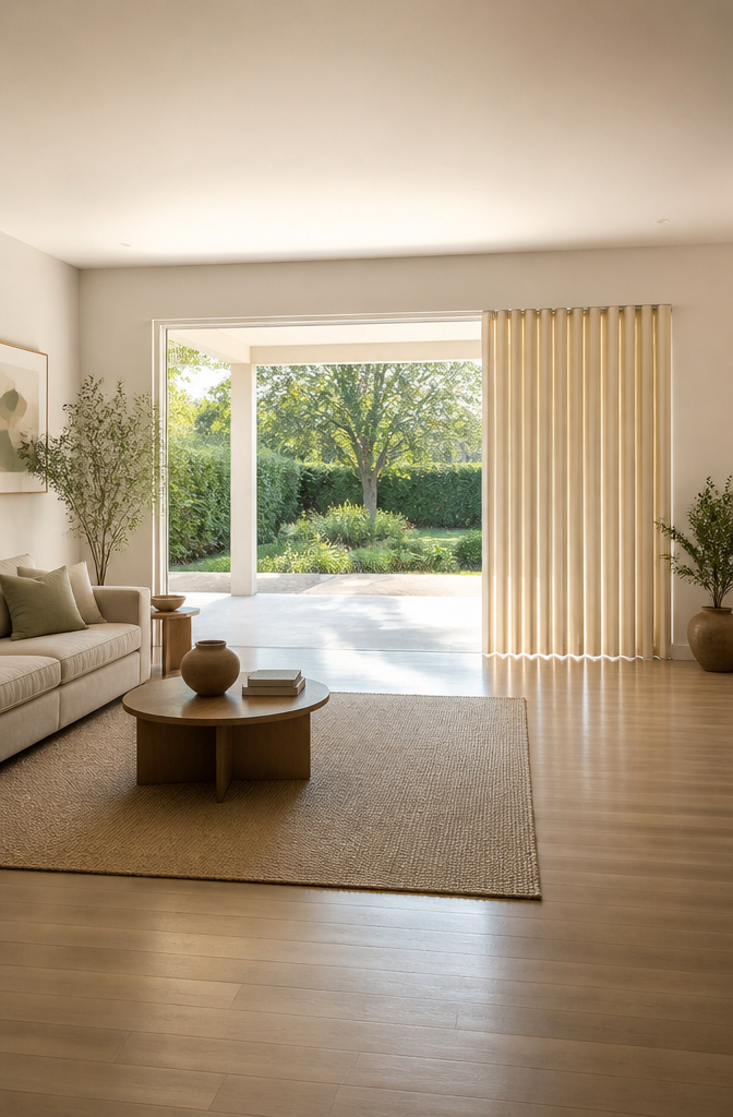 A sliding door covered with vertical blinds in a rental space.