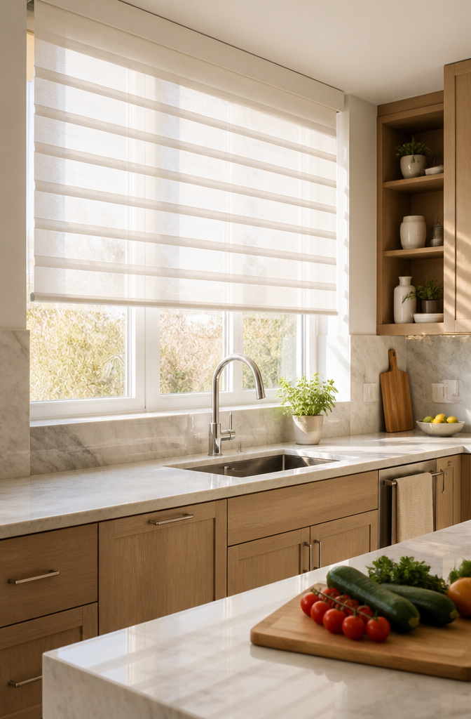 A kitchen featuring sheer shades over the window above the sink.