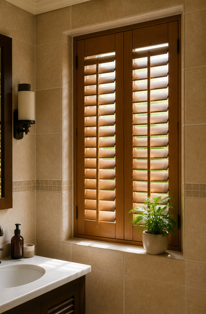 13 Small Window Cover Ideas for Every Budget and Space in 2026 2 Custom wooden shutters fitted to a small bathroom window.