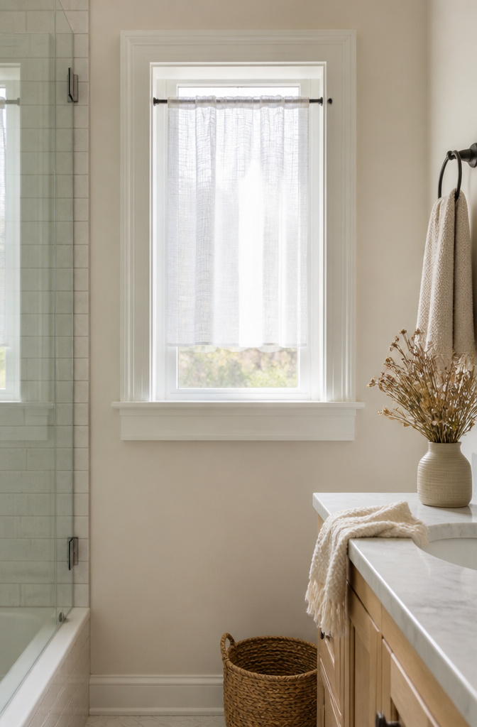 13 Small Window Cover Ideas for Every Budget and Space in 2026 12 Tension rod with a lightweight sheer fabric in a bathroom window.