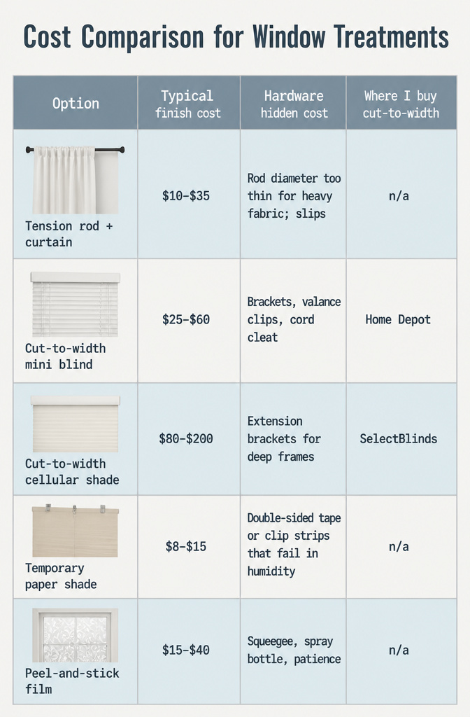 13 Small Window Cover Ideas for Every Budget and Space in 2026 15 Chart comparing costs for various window treatment options.