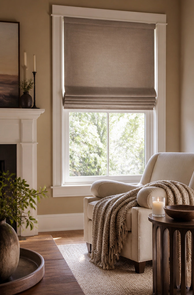13 Small Window Cover Ideas for Every Budget and Space in 2026 5 Roman shades in a living room window, folded into pleats.