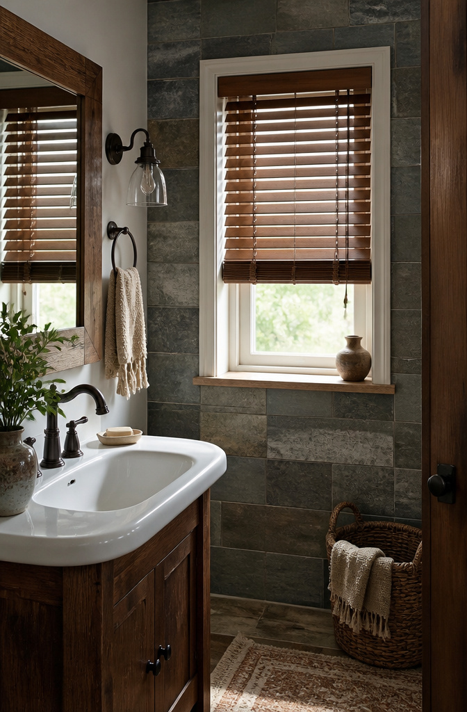 13 Small Window Cover Ideas for Every Budget and Space in 2026 6 Hardwood blinds installed over a small rustic bathroom window.