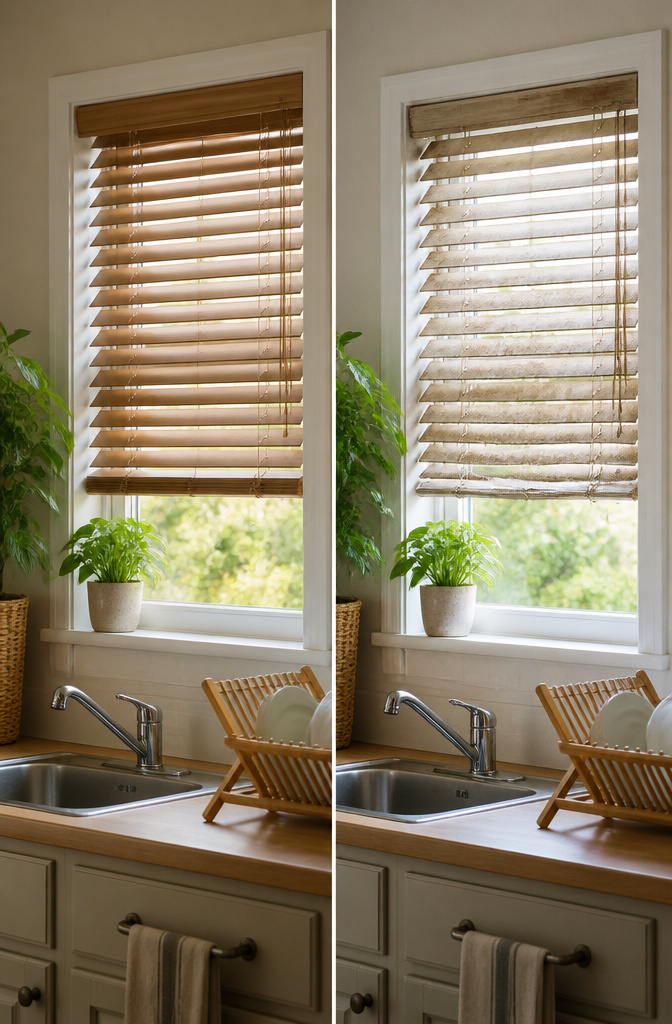 13 Small Window Cover Ideas for Every Budget and Space in 2026 7 Faux wood blinds covering a small window in a bathroom.