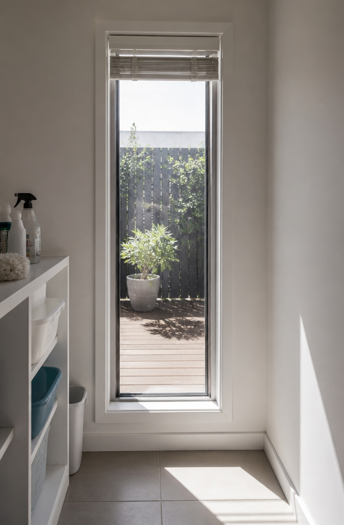 13 Small Window Cover Ideas for Every Budget and Space in 2026 8 One-inch aluminum mini blinds on a small laundry room window.