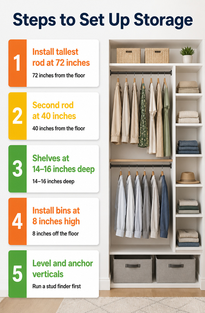 Instructions for organizing storage in a closet.