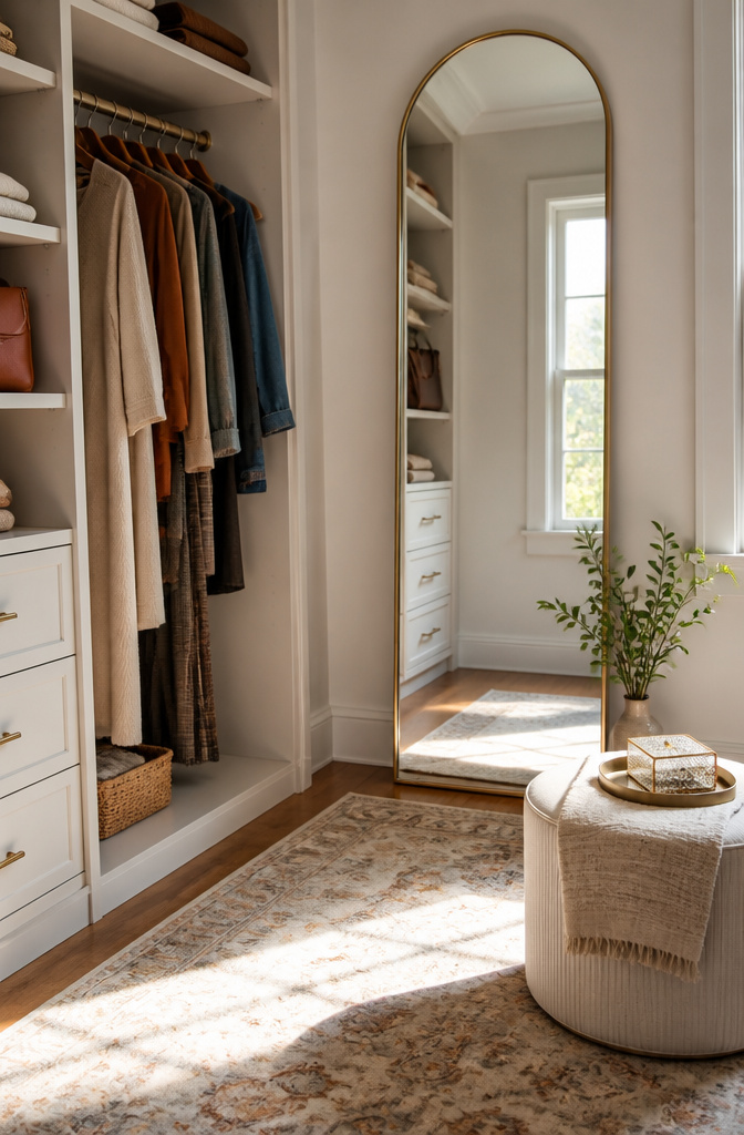 Decorative closet corner with a mirror and small ottoman.