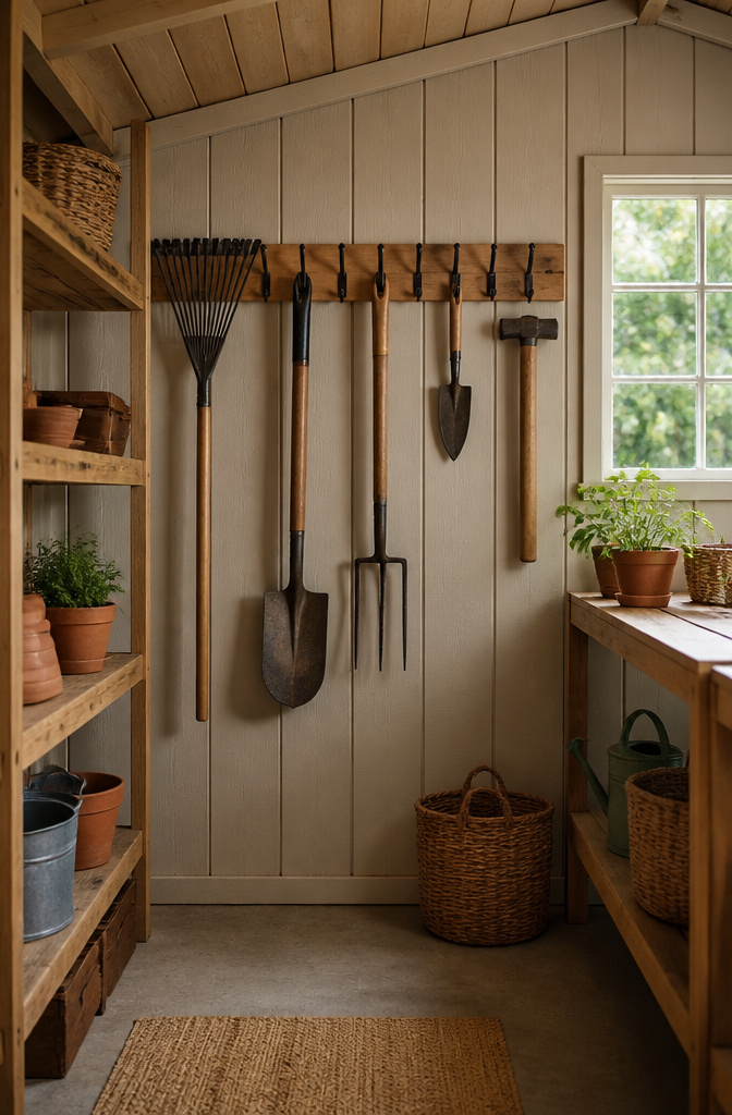 An array of gardening tools hanging on wall-mounted hooks in a shed.