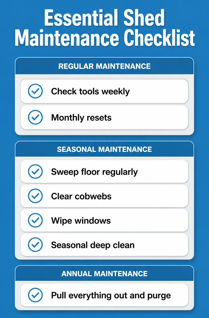 A checklist for maintaining a clean and organized shed.