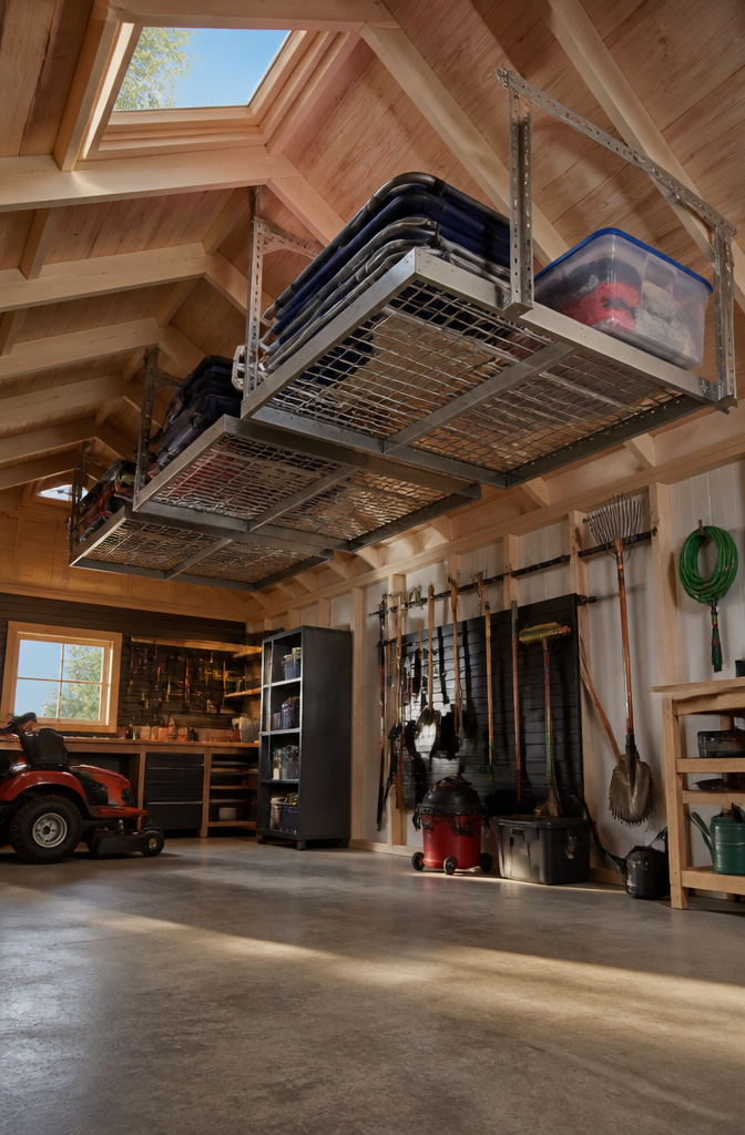 Ceiling-mounted racks holding folding chairs and storage bins.