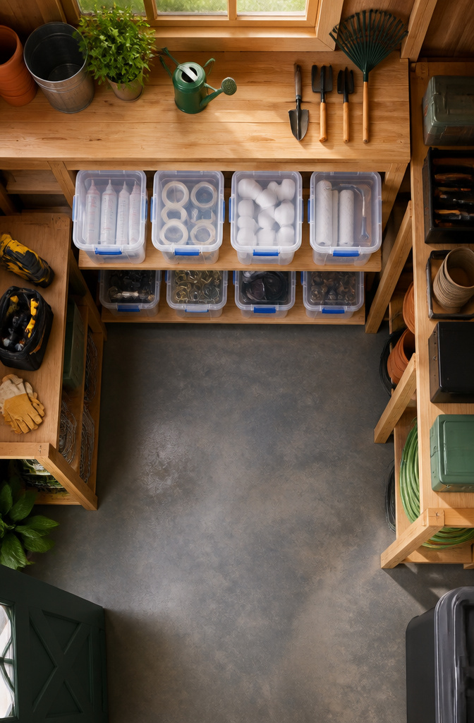Stacked clear storage bins labeled for different project supplies.