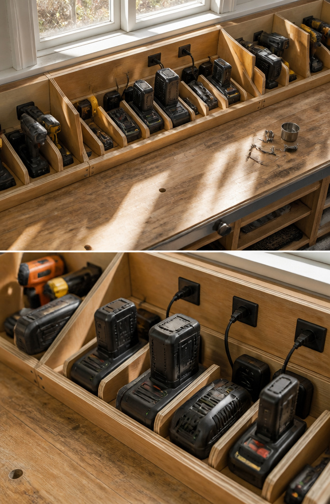 A tool charging station with adjustable battery compartment design.