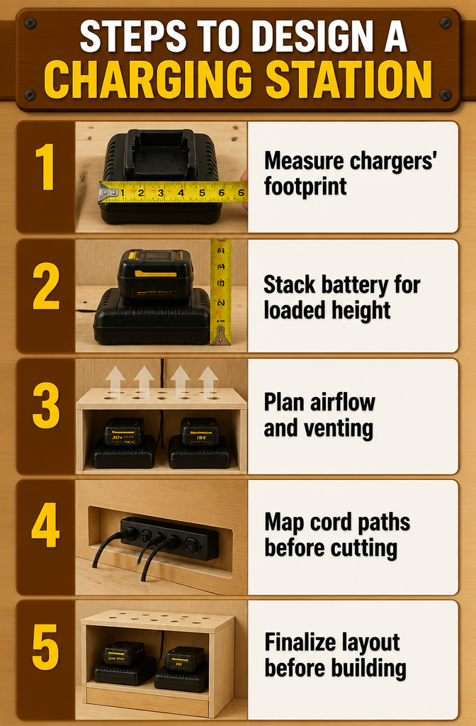 Steps to design a charging station with various charger measurements.