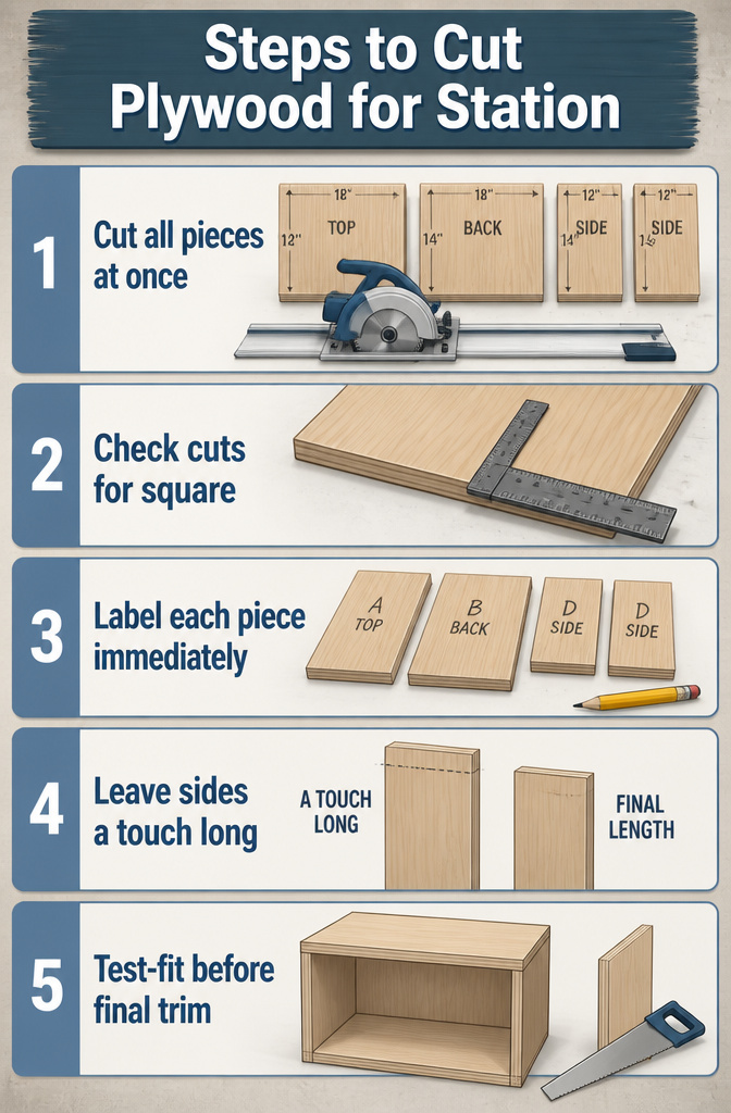 Steps to cut plywood for a tool charging station.