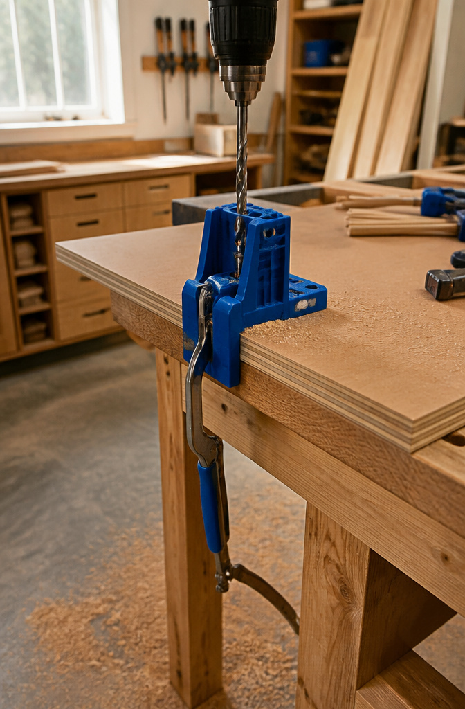 Kreg K4 Pocket Hole Jig aligned on plywood for drilling.