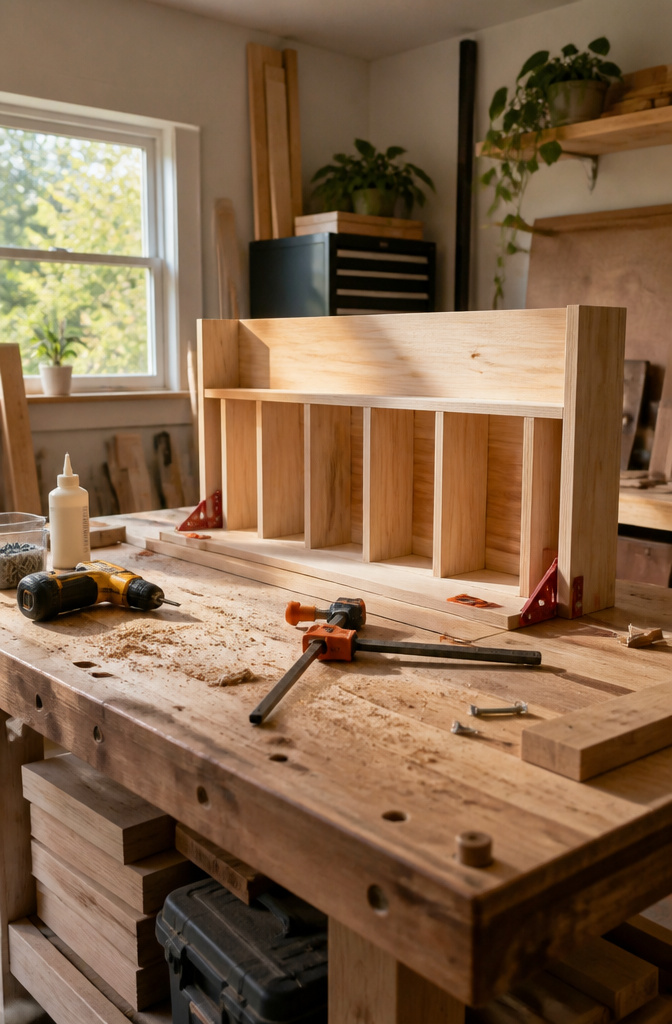 Partially assembled charging station on a wooden table with tools.