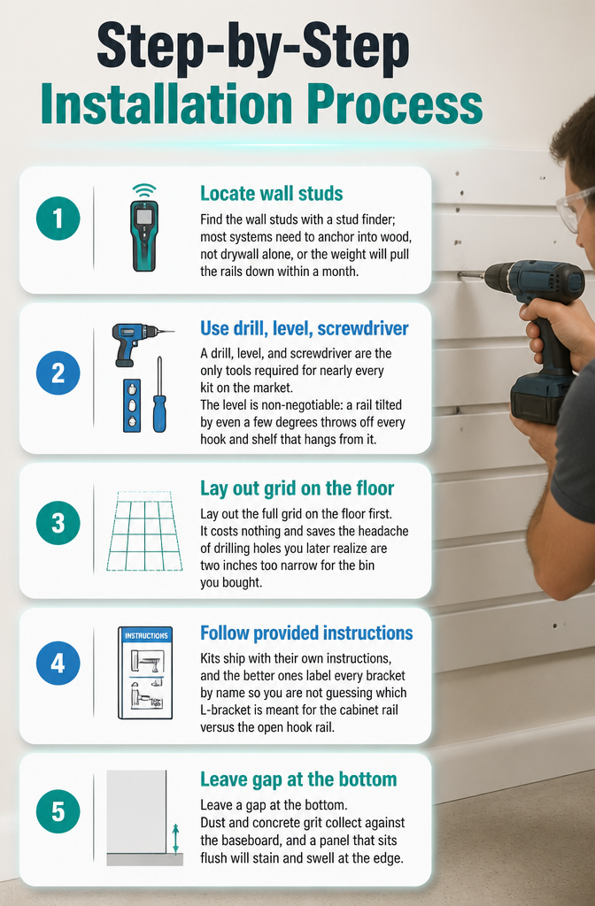 Installation steps for setting up a tool organization wall system.