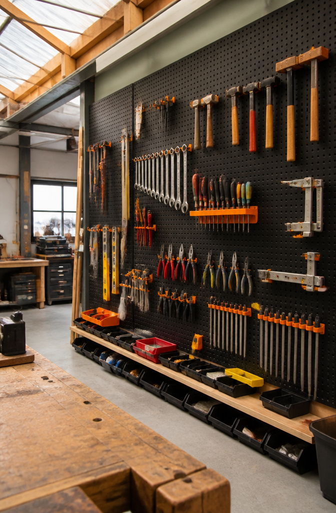 Pegboard system with various tools arranged for easy access in a workshop.