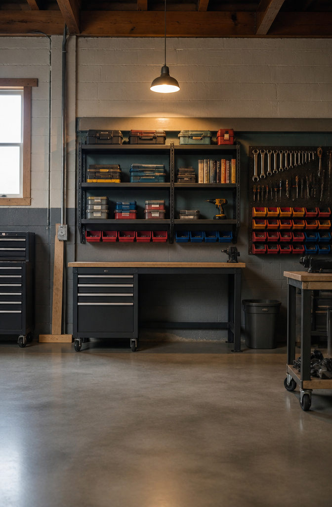 Shelves mounted on a wall, part of the OmniWall system for tool organization.