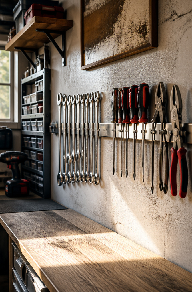 Magnetic strip holding various steel hand tools in a garage workspace.