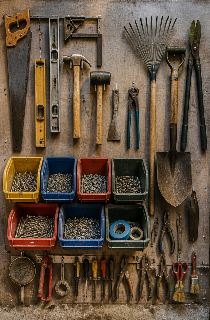 Assorted hooks and bins included in OmniWall kits for tool organization.