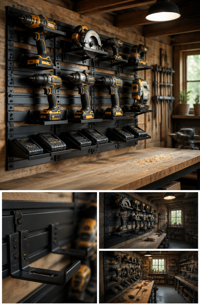 Power tools stored on brackets from the OmniWall Power Tool Kit.