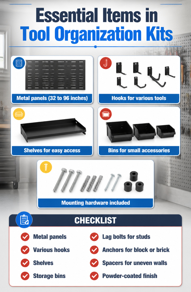 Metal wall organizer kit components including panels, hooks, and bins.